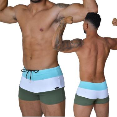 Imagem de Sunga Adulto Boxer Moda Praia Tricolor Azul Turquesa Branco e Verde Militar Proteção UV...