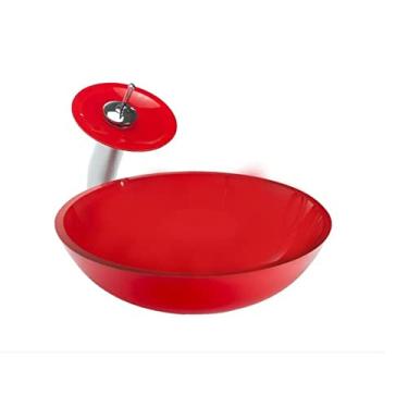 Imagem de Cuba Redonda 35cm + Torneira Cascata + Valvula -Kit Vermelho