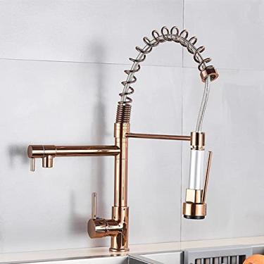 Imagem de Torneira de cozinha de primavera puxe pulverizador lateral bico duplo alça única torneira misturadora torneira pia 360 rotações torneiras de cozinha, ouro rosa, China