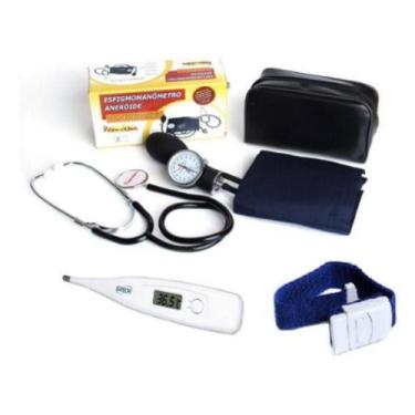 Imagem de Kit Enfermagem Aparelho De Medir Pressão Manual + Termômetro + Garrote