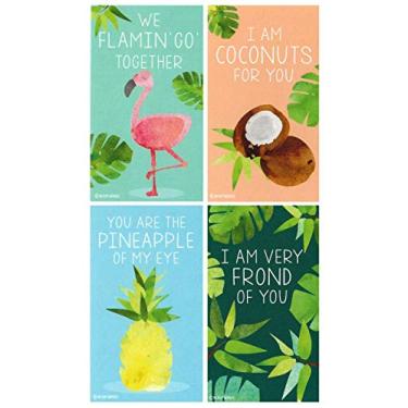 Imagem de Minifolhas tropicais de abacaxi de flamingo, folhas de palmeira, coco de dia dos namorados (conjunto de 24, cartões de tamanho de carteira) para o Dia dos Namorados por Nerdy Words