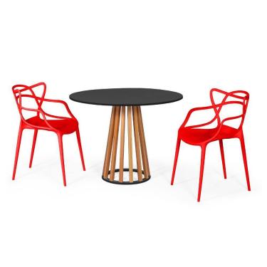 Imagem de Conjunto Mesa de Jantar Redonda Preta 100cm Talia Amadeirada com 2 Cadeiras Allegra - Vermelho