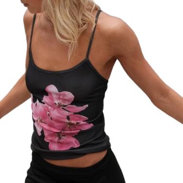 Imagem de KOSUSANILL Camiseta regata Y2k sem mangas feminina sexy gola quadrada baixa slim fit alças finas estética para sair, Preto floral - 1, G