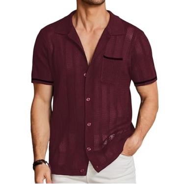 Imagem de COOFANDY Camisa polo masculina de malha de manga curta vintage abotoada casual praia, Vinho tinto, M