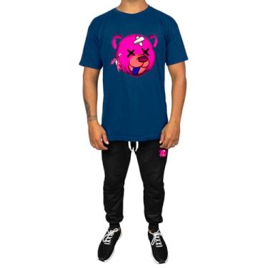 Imagem de Kit Conjunto Masculino Camiseta Algodão e Calça Moletom Casual Estampado Urso Rosa (Azul, G)