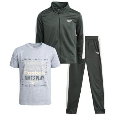 Imagem de Reebok Agasalho masculino – 3 peças de moletom de tricô com zíper, calça jogger, camiseta – conjunto de roupa esportiva para meninos (8-12), Verde universitário, 12