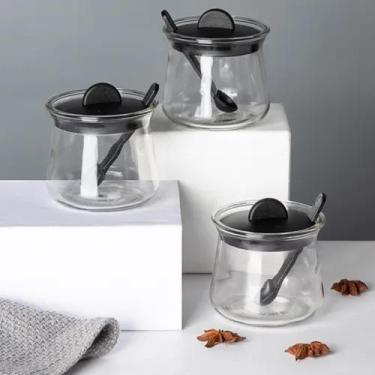 Imagem de Porta Temperos De Vidro Com Colher 300ml Com 3 Peças Preto - SANXIA