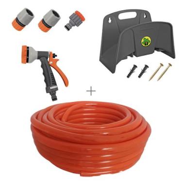 Imagem de Kit mangueira siliconada 20m para jardim laranja com esguicho 6 jatos 