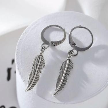 Imagem de par brinco de penas argola masculino feminino em aço inox prata funk e