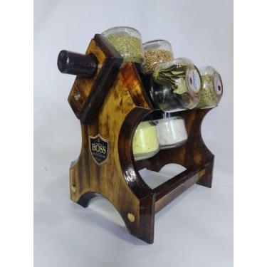 Imagem de Porta tempero Condimento Giratório esculpido de Madeira Maciça 8 potes