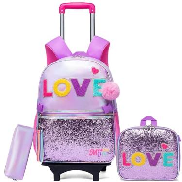 Imagem de HTgroce Mochila com rodinhas para meninas, mochila escolar com rodas, lancheira e bolsa de lápis, mochila infantil, Roxo, amor, Medium, Moderno