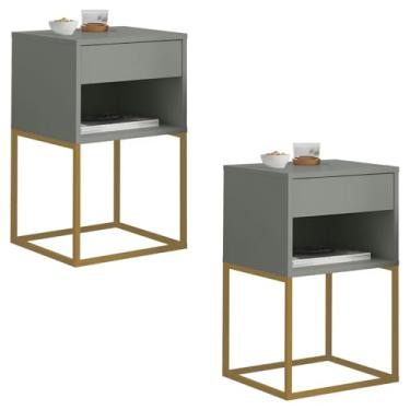 Imagem de Kit 02 Mesas de Cabeceira Industrial Sofia Pé de Aço 1 Gaveta Corrediça Telescópica Com Nicho - LH Móveis (Cinza/Pé Dourado)