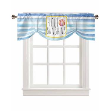 Imagem de Cortinas de amarrar para janelas Summer Sunshine, listras azuis, bolinhas, oceano, costa, haste, bolso, amarrar, cortina, ajustável, para cozinha, sala de estar, banheiro, 137 x 45 cm