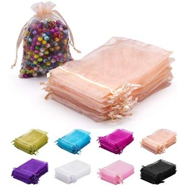 Imagem de MAZYPO 100 sacos de organza transparentes premium com cordão, 10 x 15 cm, sacos de presente de malha para festa de casamento, saquinhos de presente de malha, bolsas de joias para festa, chá de bebê, Natal, sacos de lembrancinha de doces (pêssego)
