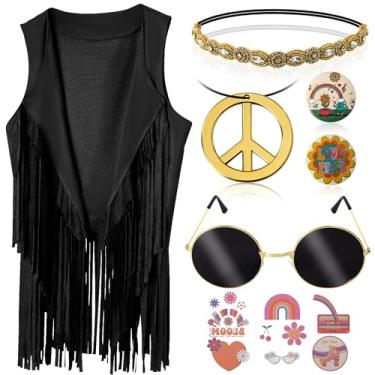 Imagem de PARTTELY Conjunto de roupas femininas hippie dos anos 60 e 70 anos 70, fantasia feminina com franja, colete hippie para Halloween