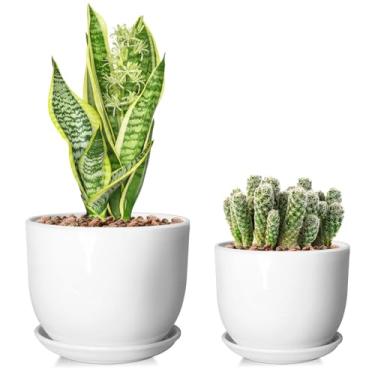 Imagem de YUFDA Vasos de cerâmica para plantas de 6,7 + 14 cm com orifício de drenagem e pires separáveis, grande conjunto de 2 vasos de orquídeas suculentas para ambientes internos e externos (branco liso,
