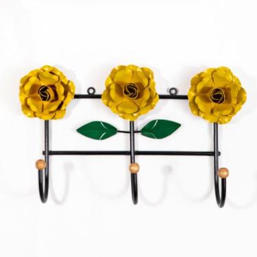 Imagem de Cabideiro de Parede Suporte Artesanal 3 Ganchos Flor Amarela - Full Ec