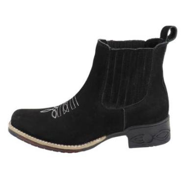 Imagem de Botina Bota Country Texana Couro Bico Quadrado Bordada Puxador Traseiro Solado Borracha Costurado-Masculino