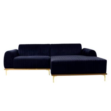 Imagem de Sofá 3 Lugares Molino com Chaise Direito Veludo Azul Marinho e Dourado