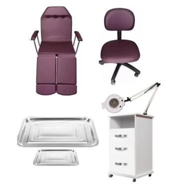 Imagem de Kit Cadeira Podologia Mecânica Mocho Armário 3 Gavetas Luminária com E