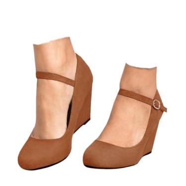 Imagem de Coutgo Sapatos anabela femininos Mary Jane scarpin tira no tornozelo salto alto bico redondo escritório trabalho, Marrom, 9.5