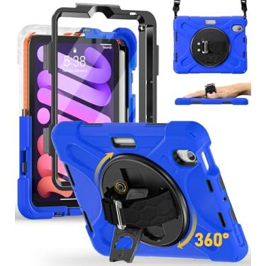 Imagem de BRAECN Capa para iPad mini 7 (A17 Pro)/6 2024/2021 21.1 cm, resistente, à prova de choque, com suporte para lápis, protetor de tela giratório de 360°, alça de corpo inteiro, alça de ombro adequada