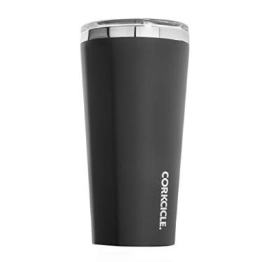 Imagem de Corkcicle Copo de viagem clássico de aço inoxidável com isolamento triplo de 473 ml com tampa e fundo de silicone para bebidas quentes e frias, preto fosco