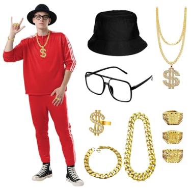 Imagem de Conjunto de 2 peças de agasalho masculino com zíper completo, conjunto de acessórios para corrida, hip hop, rapper rocker dos anos 80, Vermelho, M