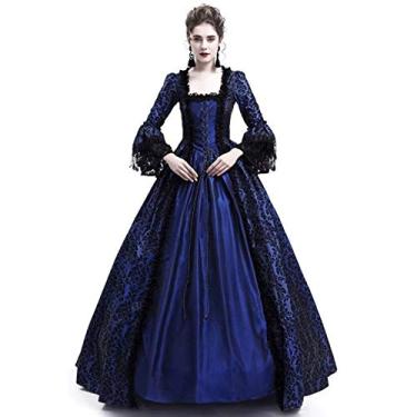 Imagem de Vestido de baile feminino renascentista medieval de renda, vestido longo para festa gótica rainha baile de máscaras (37# azul, M)