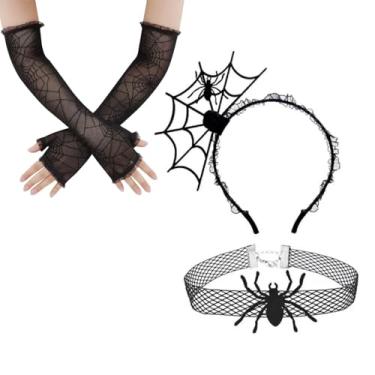 Imagem de CUNGGI Argolas de cabelo de teia de aranha de Halloween, faixa de cabeça de aranha e colarinhos, luvas cosplay vestido de baile de máscaras acessórios de fantasia para mulheres e meninas