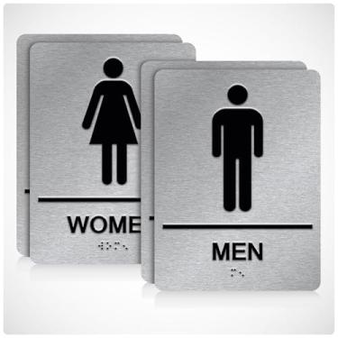 Imagem de Placa de banheiro ADA Braille masculina e feminina para negócios com fita dupla face 3M forte (pacote com 2) - Placa de banheiro de alumínio 15 cm x 20 cm para escritórios e restaurantes