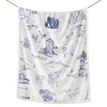 Imagem de Cobertor Indigo Hill by HiEnd Accents Farmlife Sherpa Throw Blanket, Blue American Farmstead Rural Life Print Western Blanket para acampamento ao ar livre, cobertor de lã sherpa para sofá, cama, 137 x