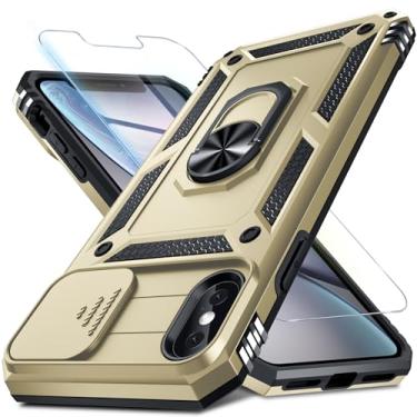 Imagem de Janmitta Capa para celular iPhone XR capa de lente de câmera deslizante embutida + protetor de tela, capa de telefone de corpo inteiro resistente à prova de choque com suporte de anel de dedo, dourado