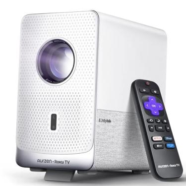 Imagem de Aurzen Projetor inteligente Roku TV com Wi-Fi e Bluetooth, experiência de streaming D1R Cube Roku integrada, motor óptico selado, 1080p FHD, Dolby Audio, mini projetor portátil para filmes em casa/ao