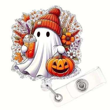 Imagem de Carretel de crachá de fantasma de flores retrátil para enfermeira e médico com design de abóbora, suporte de crachá de Halloween para RN CNA LPN enfermeira enfermeira trabalhadora médica presente de