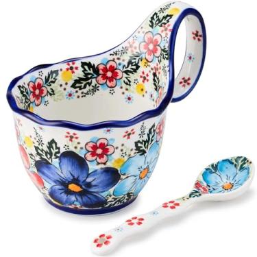Imagem de Cteaffee Copo de sopa de cerâmica e tigela de sopa com alças - 510 g com colher, tigela de porcelana grande decorativa pintada à mão, para sopa, sorvete, ensopado, lanches, micro-ondas e lava-louças