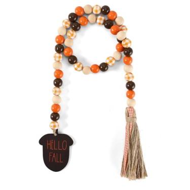 Imagem de Dayofun Guirlanda de contas de madeira de ação de graças com borlas - decoração aconchegante para casa de fazenda, decoração de bandeja em camadas, decorações de Ação de Graças, pinhas redondas