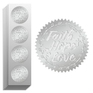 Imagem de Peacoblue Adesivo de folha de prata em relevo esperança, fé, amor 5 cm 100 peças para decoração de cartão de presente de Natal, selos de envelope, convite de festa familiar, adesivos em relevo