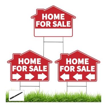Imagem de Pacote com 3 placas para casa para venda, placa de casa à venda com estacas de metal - 43,2 cm x 30,5 cm, placas de venda de quintal à prova de intempéries com setas direcionais - Ideal para agentes