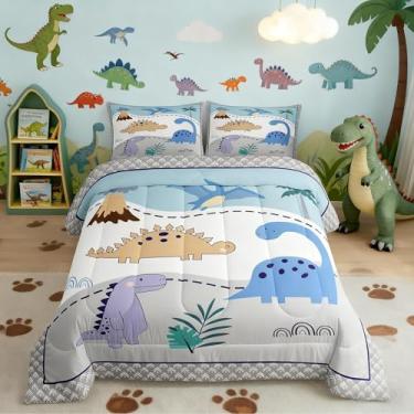 Imagem de Jogo de cama infantil fofo com estampa de dinossauro, adorável mundo animal, para todas as estações, tamanho casal, listrado, cinza e branco, presente de aniversário