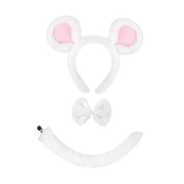 Imagem de KiBcsLic Tiara com orelhas de rato, gravata borboleta e orelhas e rabo de animal para RPG baile de máscaras, Branco