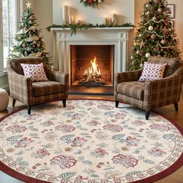Imagem de jinchan Tapete redondo floral de 2,4 m para sala de jantar, lavável, tapete de sala de estar, design vintage romântico, antiderrapante, para uso interno, leve e discreto para quarto, varanda, pátio