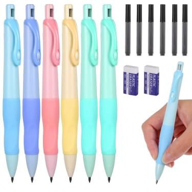 Imagem de KFHENSOMR Lápis mecânicos grossos com aderência ergonômica confortável, suprimentos estéticos com 6 refis de chumbo, 2 borrachas - 6 lápis coloridos de 2,0 mm para escrever e desenhar