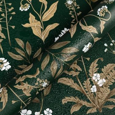 Imagem de Abyssaly Papel de parede floral verde escuro descascar e colar papel de parede vintage flor folha dourada papel de contato vinil autoadesivo Moody papel de parede para móveis faça você mesmo estante