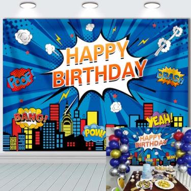 Imagem de Cenário de foto de paisagem urbana de super-herói, 1,2 x 7,8 m, fundo azul, decoração de aniversário de menino, decoração de banner, foto infantil, decoração de festa de aniversário de herói