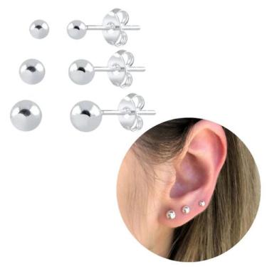 Imagem de Kit trio brincos bolinha maciça prata legítima 925 3 furos - Morganitt