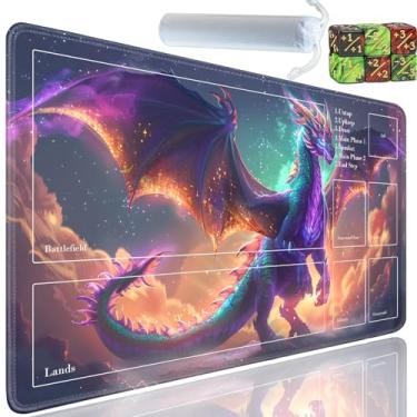 Imagem de Yuxcfhjfe Para tapete MTG, tapete de cartas com zonas - inclui uma bolsa de armazenamento e 6 dados, 61 x 35 cm para tapete TCG com borracha antiderrapante, para tapete MTG, padrão de dragão colorido
