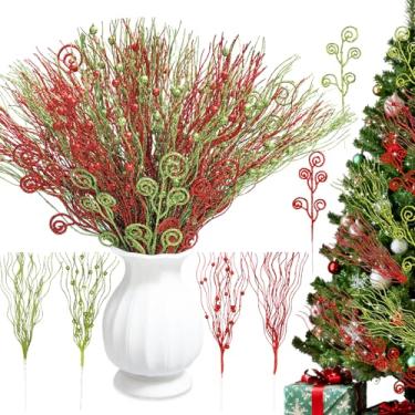 Imagem de Celltestria 36 peças de enfeites de palitos de árvore de Natal 43 cm 30,5 cm artificial vermelho verde glitter caules de baga falsos galhos para árvores de Natal, enchimento de vasos, grinaldas