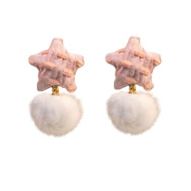 Imagem de Brincos de pompom para mulheres, rosa, azul, coração pompom, estrela, brincos fofos de inverno, joias de Natal, presentes, Large, Metal, Sem pedra preciosa