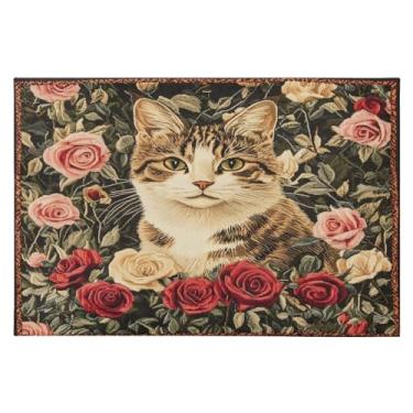 Imagem de Tapete de área 60 x 90 cm macio lavável tapete antiderrapante com suporte de borracha gato rosas tapetes de área para sala de estar, quarto, decoração de casa